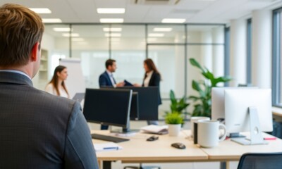 an office scene where one person is prominently featured from behind looking towards two colleagues who are discussing something.