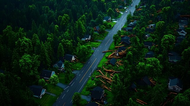Aerial view of a devastated neighborhood, homes crushed by large fallen trees, storm clouds lingering, moody lighting, realistic style, muted colors, high detail