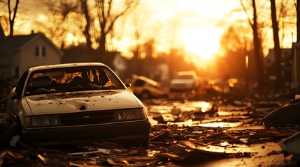 Destroyed neighborhood after a tornado, cars overturned, homes in ruins, eerie silence, vintage photography style, sepia tones, soft focus