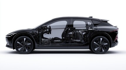 Naklejka premium Black Electric Car Cutaway Automotive Design Technology Interior Design
