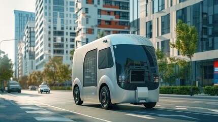 Fototapeta premium Smartphone App Guiding a Self-Driving Van: Delivering Packages to Specific Locations Within a City with GPS Tracking – The Future of Delivery
