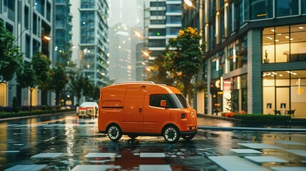 Fototapeta premium Smartphone App Guiding a Self-Driving Van: Delivering Packages to Specific Locations Within a City with GPS Tracking – The Future of Delivery