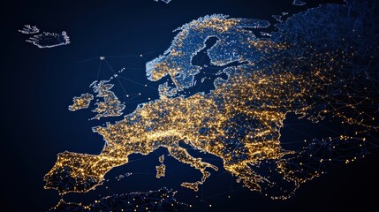 Europe Network Map with Glowing Cities and Lines
