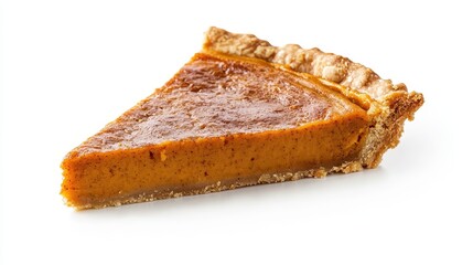 A slice of pumpkin pie is shown on a white background