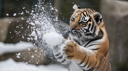 Naklejka premium A tiger cub is playing in the snow, throwing snowballs with its paws