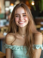 A woman with long brown hair is smiling and wearing a green dress