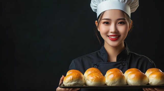 A woman wearing a chef's hat is holding a tray of bread
