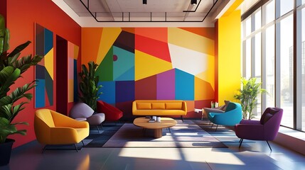 Colorful geometric design with bold shapes and vivid hues for a contemporary office environment