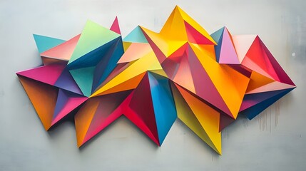 Layered geometric shapes in vibrant colors and sharp angles for a bold living room centerpiece