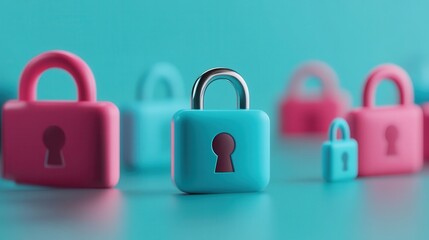 A row of pink and blue locks with a keyhole in the middle