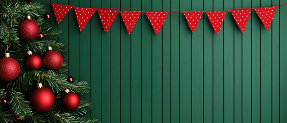 Festive holiday banners complementing a Christmas tree backdrop, adding seasonal cheer