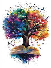 A colorful tree with a book on top of it