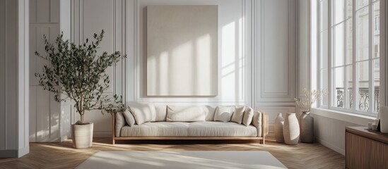 Minimalist living room with a sofa vases on a wooden floor artwork on a large wall and a serene white view through the window Nordic home interior design 3D rendering