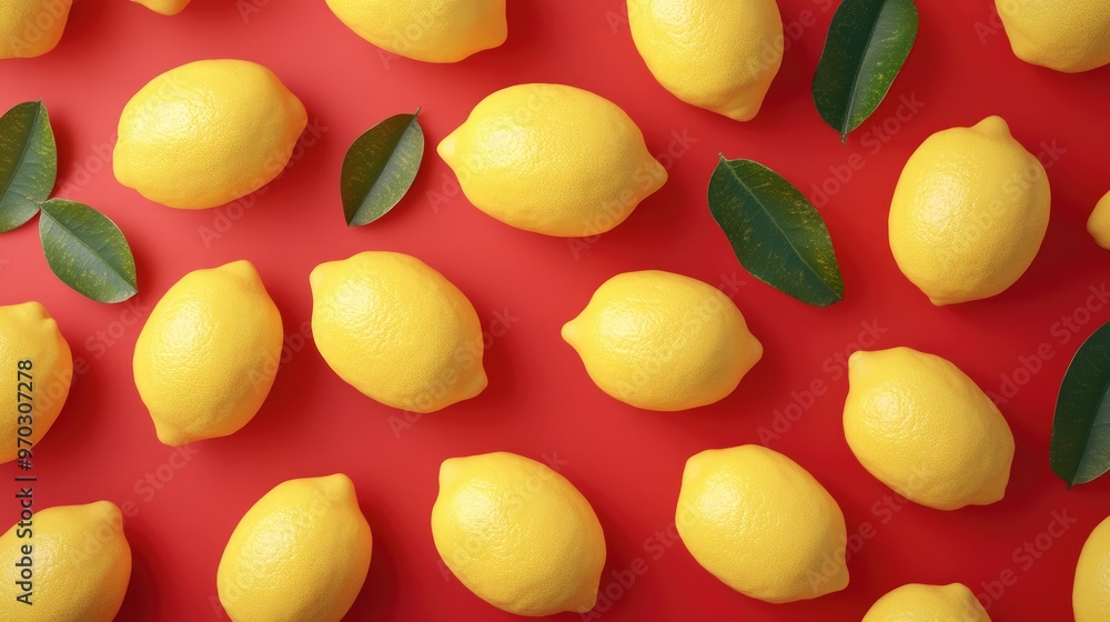 Poster assorted lemons arranged in a symmetrical grid over a vibrant red backdrop aerial perspective 3d ren