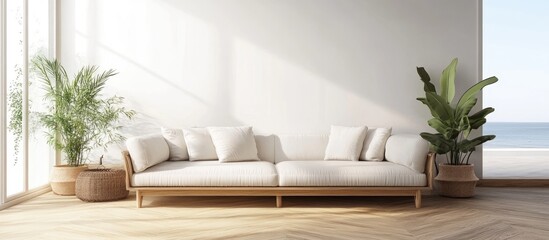 Minimalist living room interior featuring a sofa on wooden flooring decor on a spacious wall and a serene landscape visible through the window Nordic style design 3D illustration