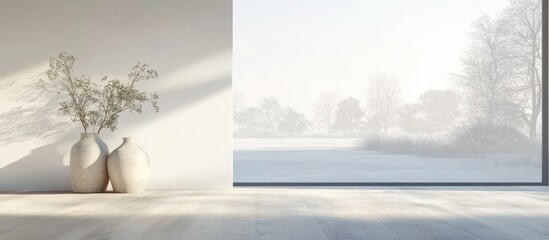 Fototapeta premium Concept of a minimalist Scandinavian interior featuring vases on a wooden floor expansive walls and a view of a serene white landscape through a window 3D illustration
