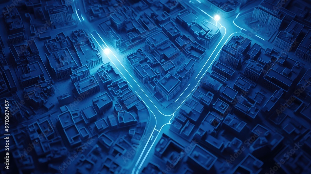 Poster stylized map of city streets created with white lines on an abstract blue background illuminated by 