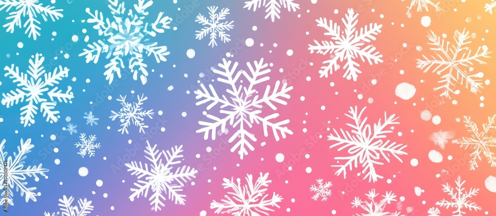 Poster colorful snowflake pattern in a flat design featuring abstract snowflakes set against a vibrant back