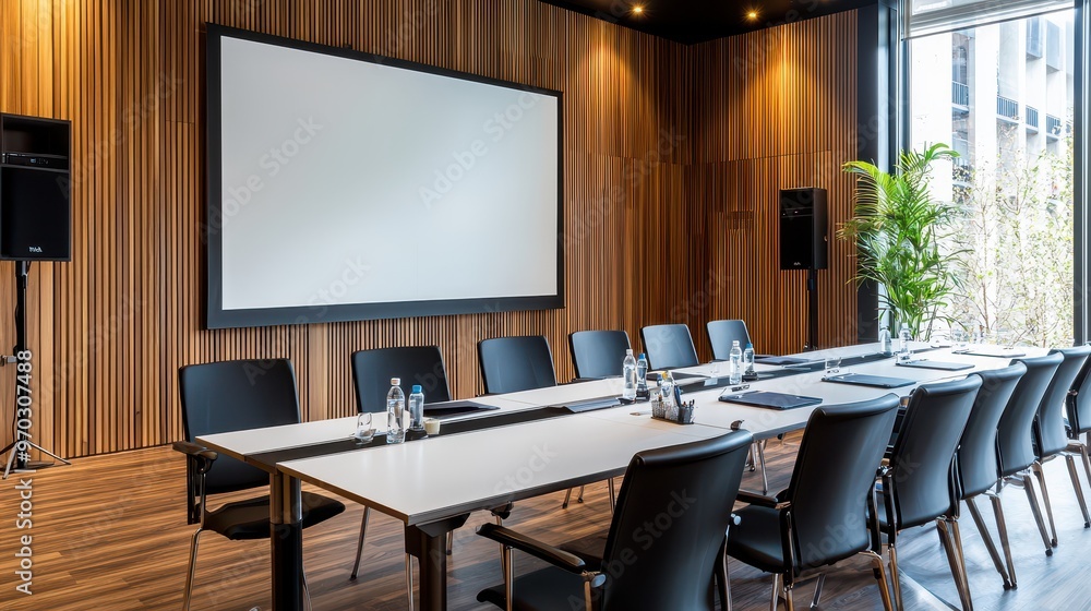 Wall mural Modern Conference Room Interior with Wooden Wall  Projector Screen  and Empty Chairs