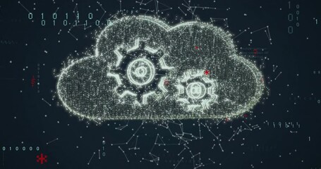 Animation of digital data processing over cloud with cogs on dark background - Powered by Adobe