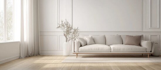 Minimalist living room design featuring a sofa on a wooden floor decor adorning a large wall and a white landscape visible through the window Nordic inspired interior in 3D illustration