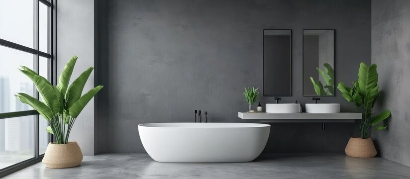 Modern bathroom corner featuring gray walls a concrete floor a sleek white bathtub and a double sink with dual vertical mirrors Spa inspired design 3D rendering