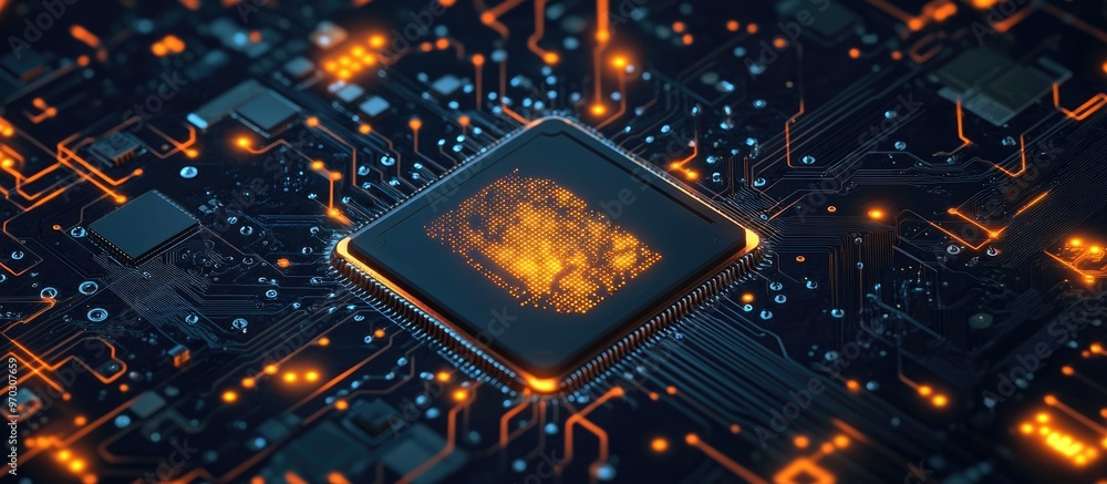 Poster a microchip featuring a central processing unit symbolizes a country s outline on a black background