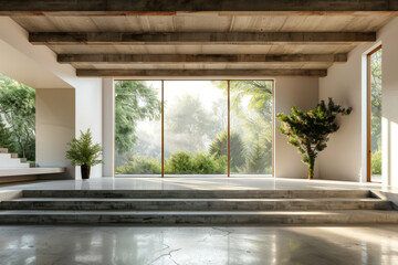 Fototapeta premium Modern contemporary empty hall nature render overlooking living room behind concrete floors