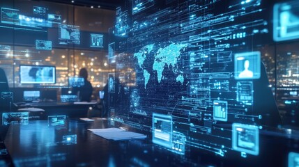 Obraz premium A futuristic office with a large screen displaying a world map with data visualizations.