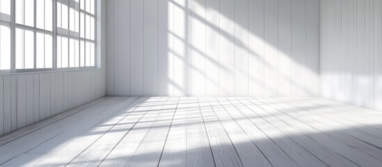 Obraz premium Minimalist white room featuring a wooden floor rendered in 3D