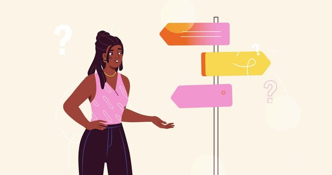 Choosing from multiple directions. Moving banner with woman making decision and choosing from several options. Multiple life paths, opportunities. Cartoon flat animated graphics