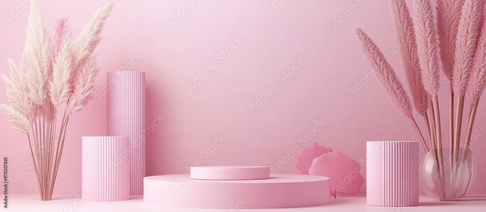 Poster light pastel lavender pink backdrop featuring a minimalistic 3d render of podium stands and geometri