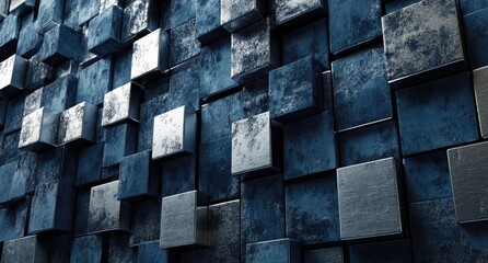 A wall of blue and gray metallic cubes with a textured finish.