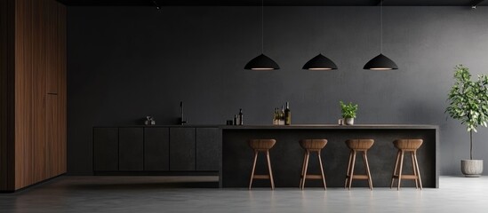 Front view of a dark kitchen interior featuring an island with barstools sinks oil lamps and a concrete floor Minimalist design concept with grey walls offering space for creative ideas 3D renderi