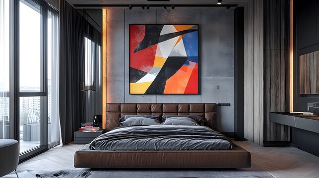 Colorful abstract art with bold lines and dynamic shapes to enhance the look of a stylish bedroom
