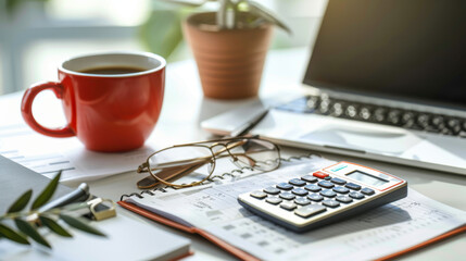 white wooden workspace office desk with computer and office supplies