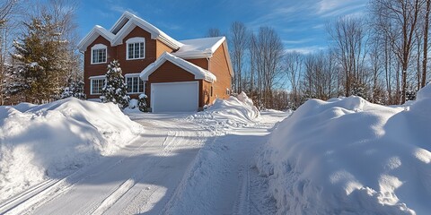 Snowdrifts Cleared from the Driveway of a Modern Single-Family Home Following a Blizzard