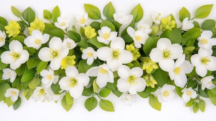 Obraz premium White Flowers and Green Leaves Border on White Background