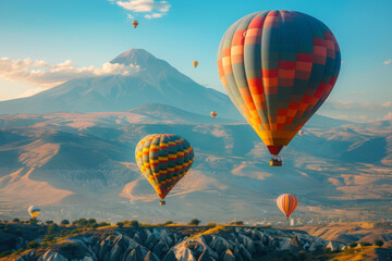Fototapeta premium Colorful hot air balloons flying over mountain
