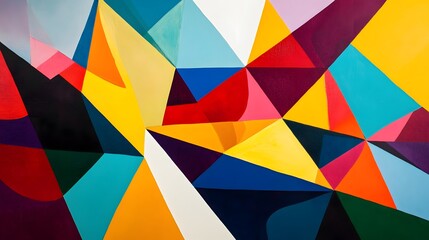 Layered geometric painting with bold shapes and bright tones for modern bedroom decor