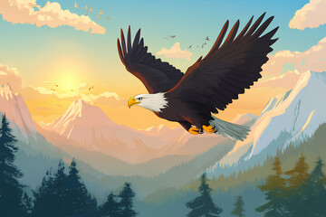 Obraz premium A majestic eagle soaring over mountains at sunset, showcasing nature's beauty.