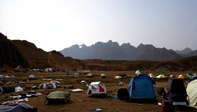 Campsite below Kauri Pass with Chaukhamba Range in background, Kuari Pass, Uttar Pradesh, India, Indian Sub-Continent
