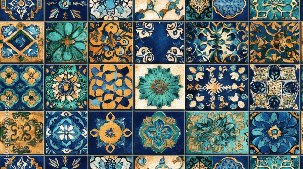 Wall mural ethnic tile design featuring indigo green and gold patterns colorful azulejos fabric with a vintage 