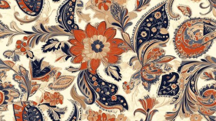 Paisley ornamental seamless pattern with Kalamkari floral design on fabric background