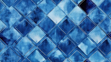 Watercolor Geometric Pattern in Indigo Decorative Blue Texture Watercolor Tile Design Stained Blue Tile Bohemian Surface Pattern Seamless Geometric Print Blue Geometry Artwork Repeating Optical De
