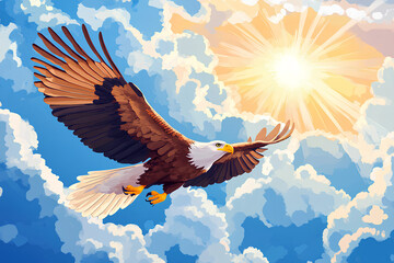 Fototapeta premium A majestic eagle soars through a bright sky filled with clouds and sunlight.