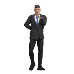 Cartoon Style Court Lawyer. A lawyer stands with his right hand on his waist while his left hand is raised forward with the palm facing up. 3D Male