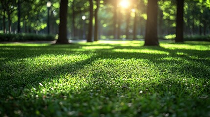 Naklejka premium Lush Green Grass in a Sunlit Forest Clearing
