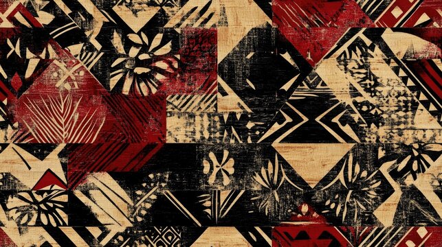 Hawaiian inspired tapa tribal fabric with abstract vintage patchwork pattern