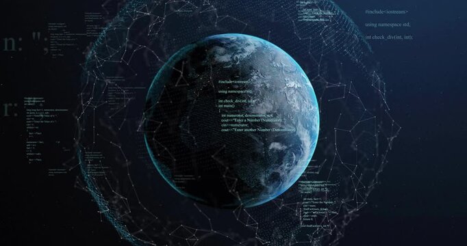 Animation of digital data processing over globe on dark background